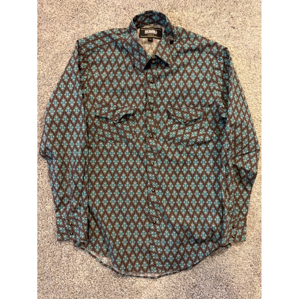 Rock & Roll Denim Shirt Mens M Brown Turquoise Geometric Snap Western Vintage 46